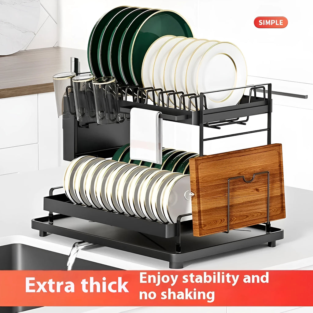 White double-layer kitchen storage rack with removable draining tray on top and a lower storage shelf