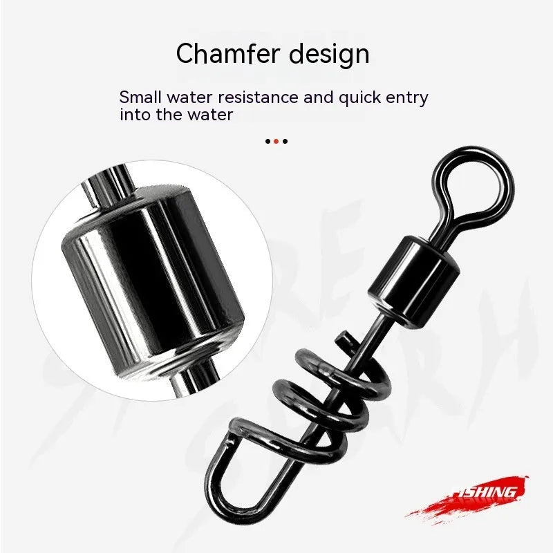 Stainless steel fishing swivel connector with 8-shaped ring design in seven colour-coded sizes