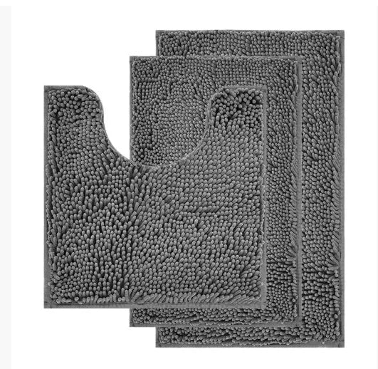 Chenille long hair three-piece bathroom carpet set with U-shaped mat in sage green.