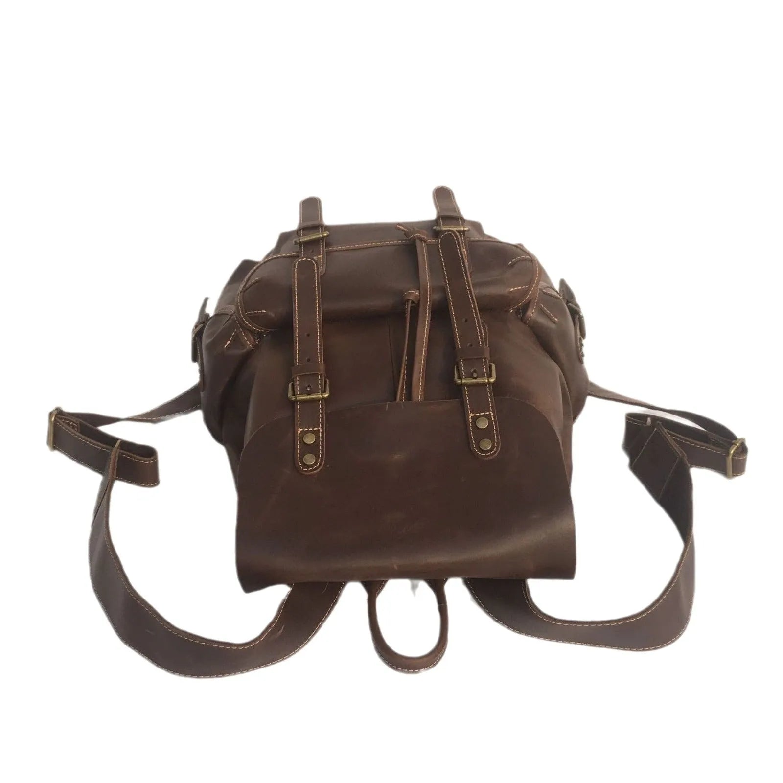 Brown men's genuine leather backpack with air pillow belt system and first layer cowhide construction