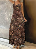 Dark brown leopard print dress with sleeveless round neck and sling style shoulder straps