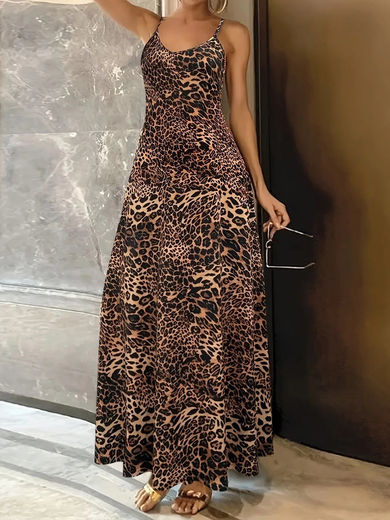 Dark brown leopard print dress with sleeveless round neck and sling style shoulder straps
