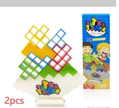 Balance stacking game set with plastic building blocks and wooden chassis