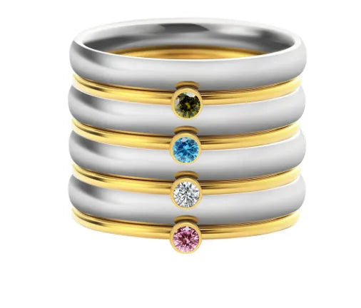 December birthstone titanium steel ring with engraved geometric design and gold tone finish.