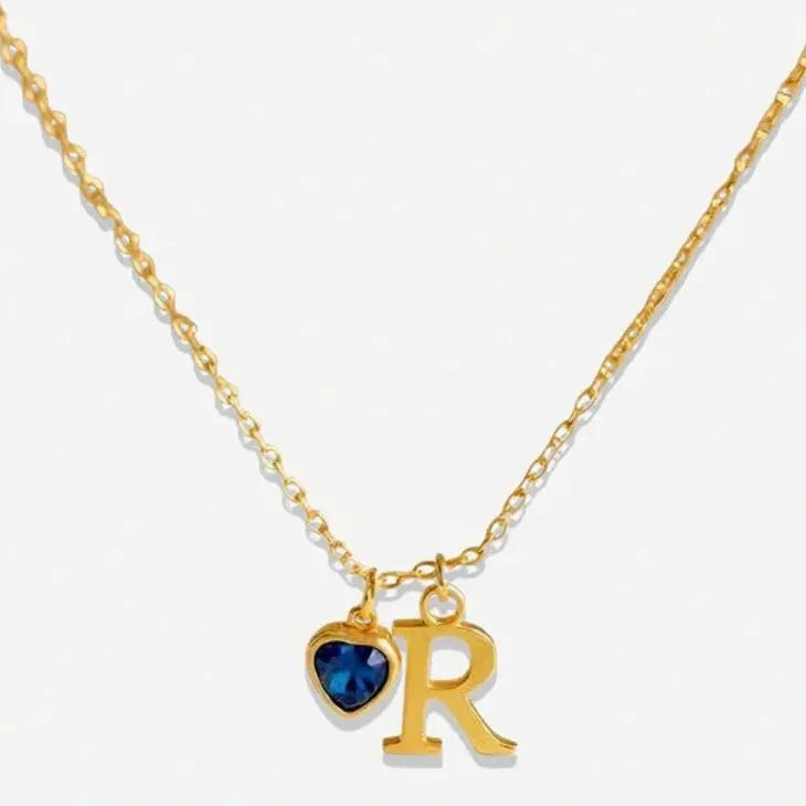 Personalised stainless steel initial letter pendant necklace with Love Birthday Stone colour on cross chain