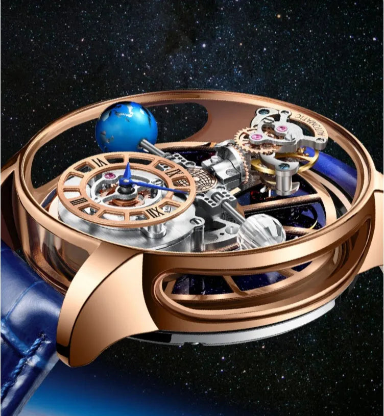 Men's hollowed-out quartz watch with round 46mm dial, real leather strap, and mineral glass on wrist