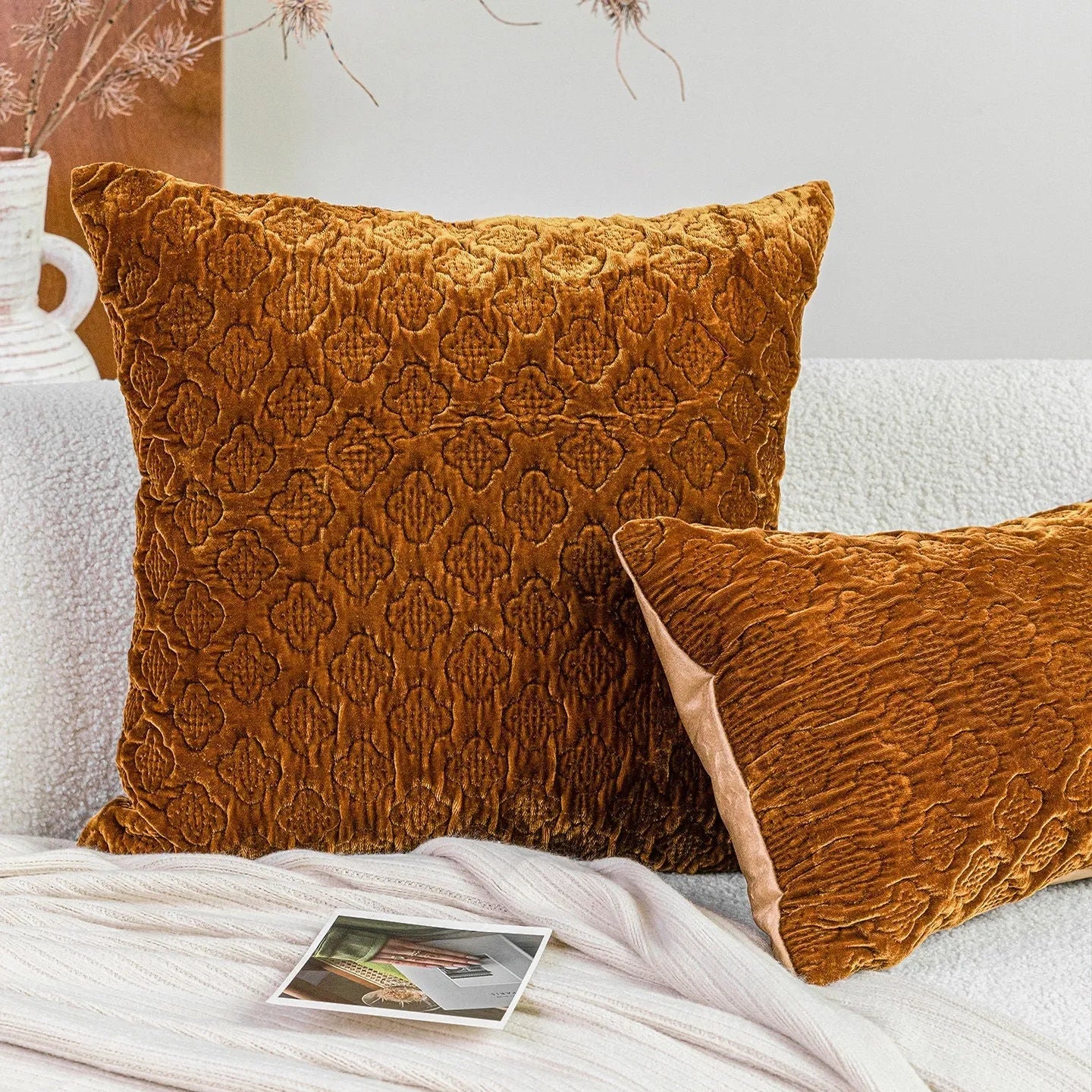 Chinese antique style quilted cushion pillow in brown gold, autumn green, or beige colours