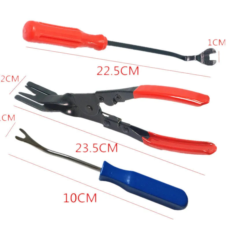 Red-handled steel automotive clip removal pliers for General Motors door panels