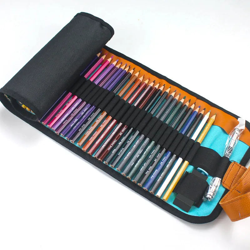 Set of 50 wooden coloured pencils for oily painting in a wooden storage case.