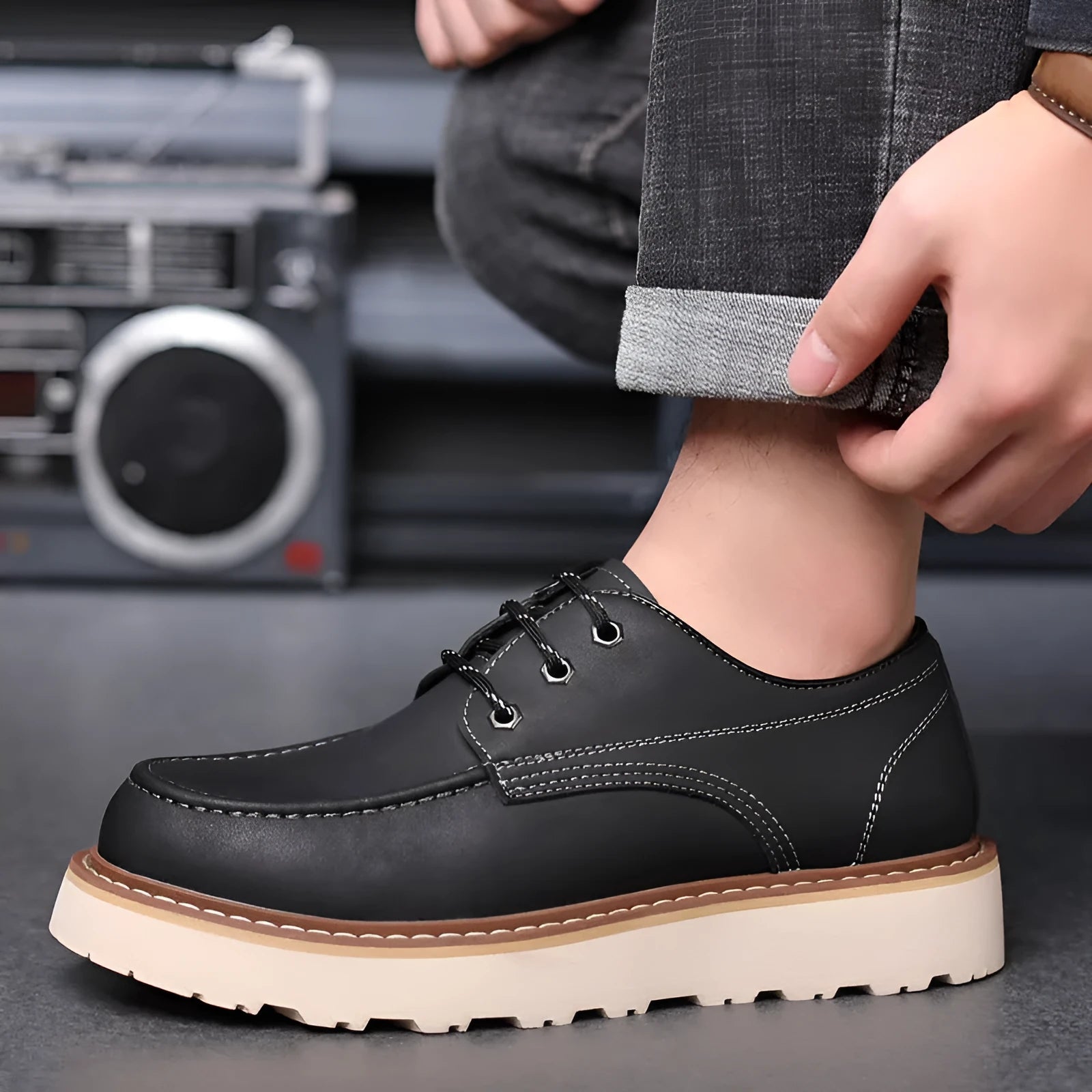 Men's black low-top retro Martin boots with a round toe and non-slip rubber sole.