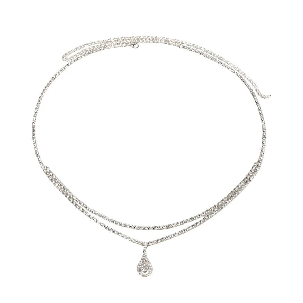 Gold or silver rhinestone waist chain with a water drop pendant and tassel detail