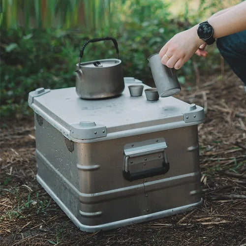 Field green aluminium alloy camping storage box with dimensions 58x38x28cm for outdoor equipment organisation