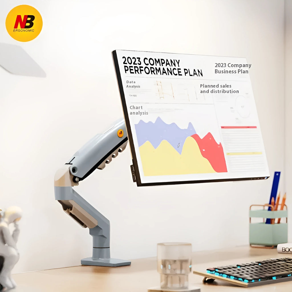 F80-XV grey computer monitor bracket robotic arm, 42 x 31 x 10cm, aluminium alloy and ABS plastic construction
