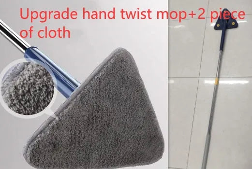 Extendable triangle mop with rotating blue head and adjustable stainless steel pole for corner cleaning