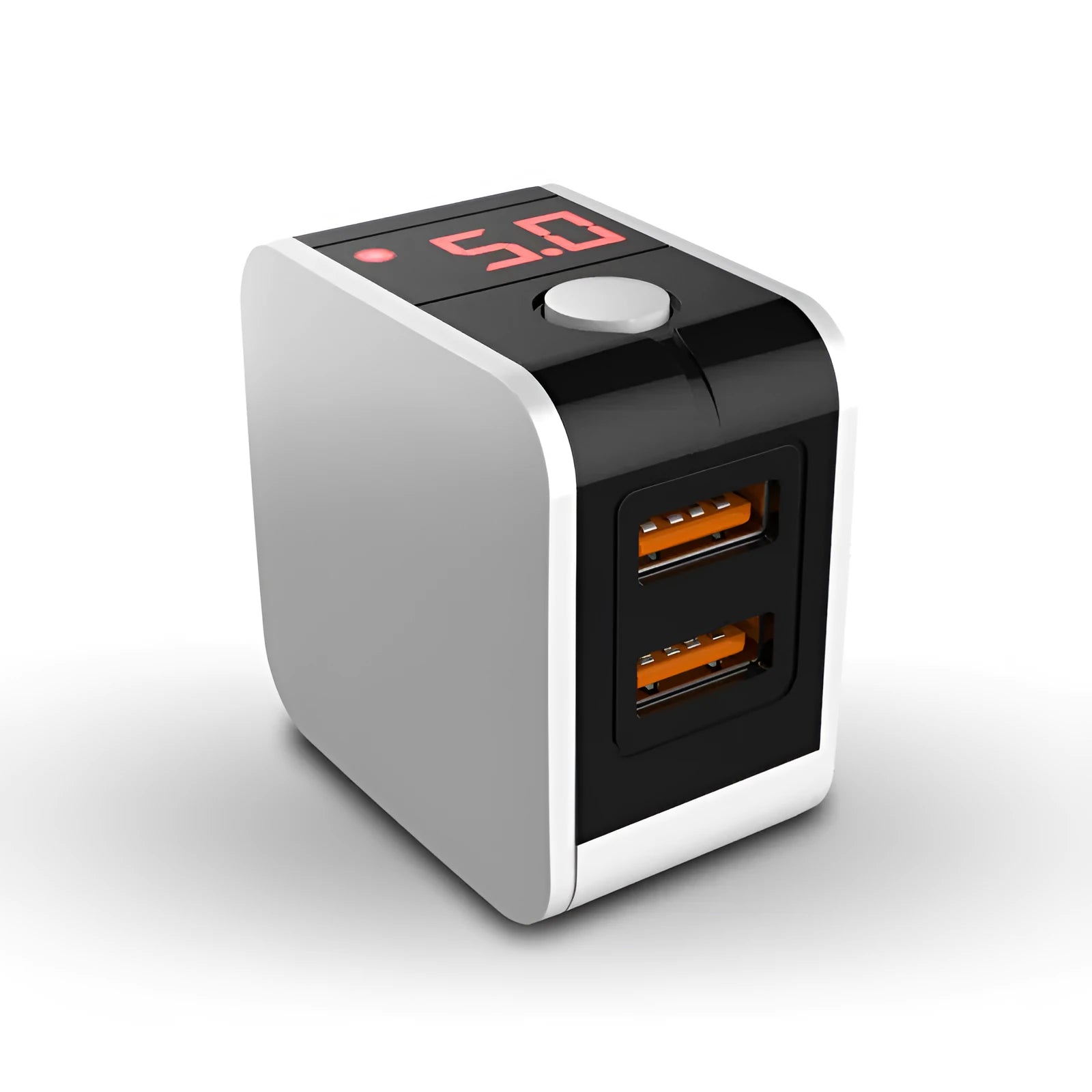 White dual USB fast travel charger with digital voltage display screen and UK 3-pin plug