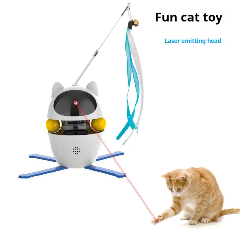 White automatic interactive cat toy stick with elastic rope extended, on a plain background.