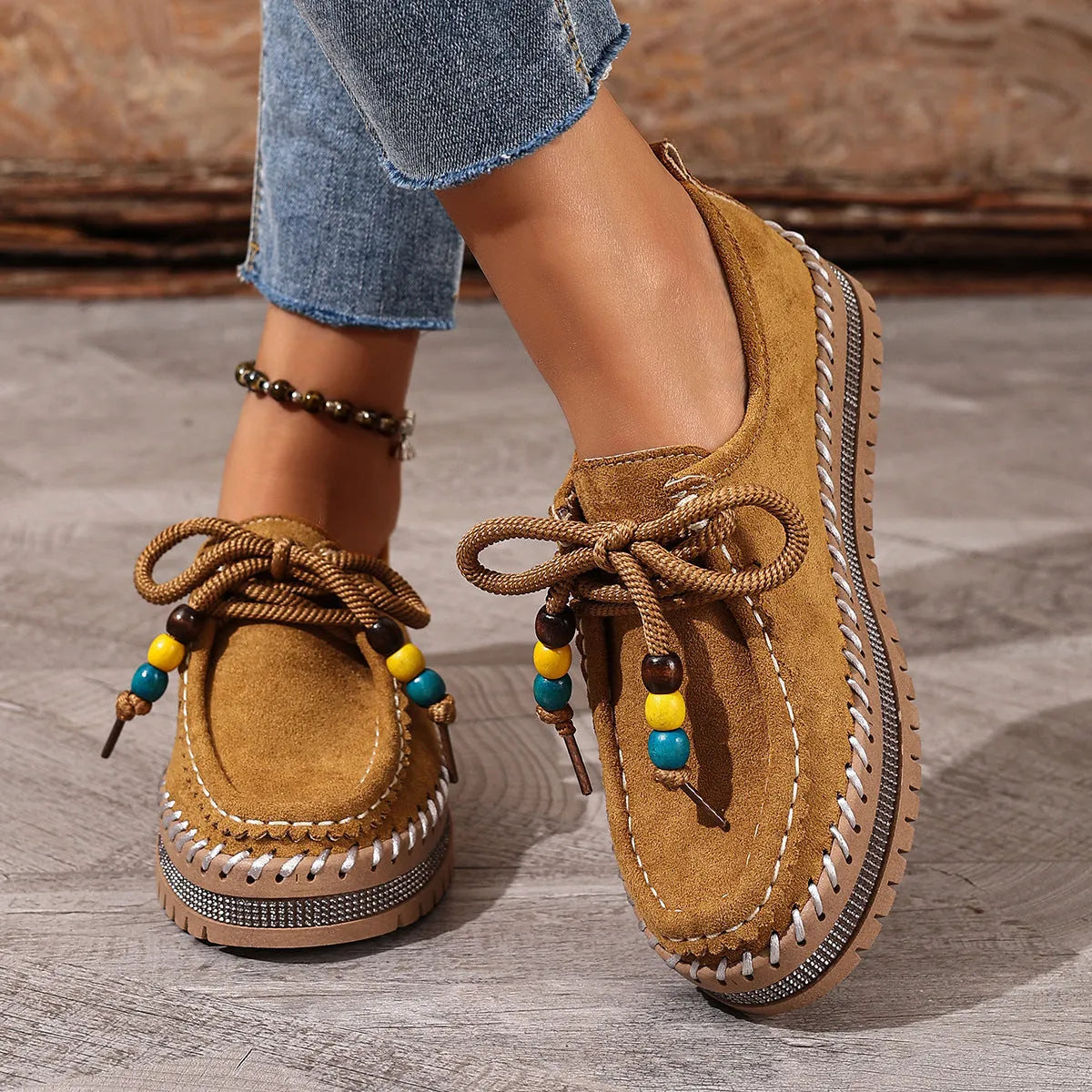 Retro full-covered women's flats in beige or camel suede with thick soft sole, round toe, and lace-up closure, sizes 36-43
