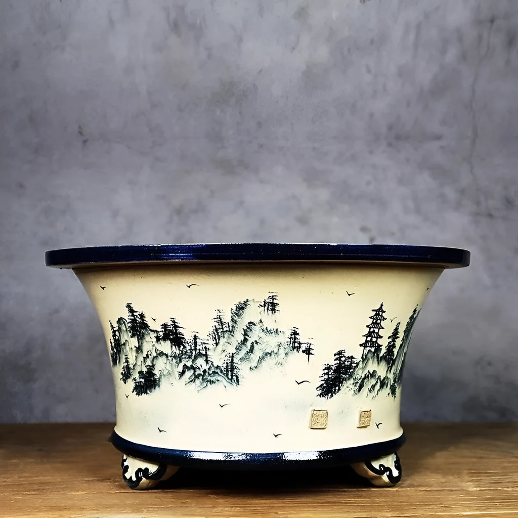 Lingnan Shiwan ceramic flower pot with hand-painted High Mountains landscape, glazed stoneware, wide mouth.