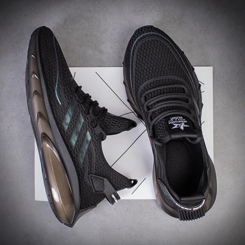 Men's breathable fly woven sports casual shoes with shock absorption, TPU sole, low heel, black colour, side view