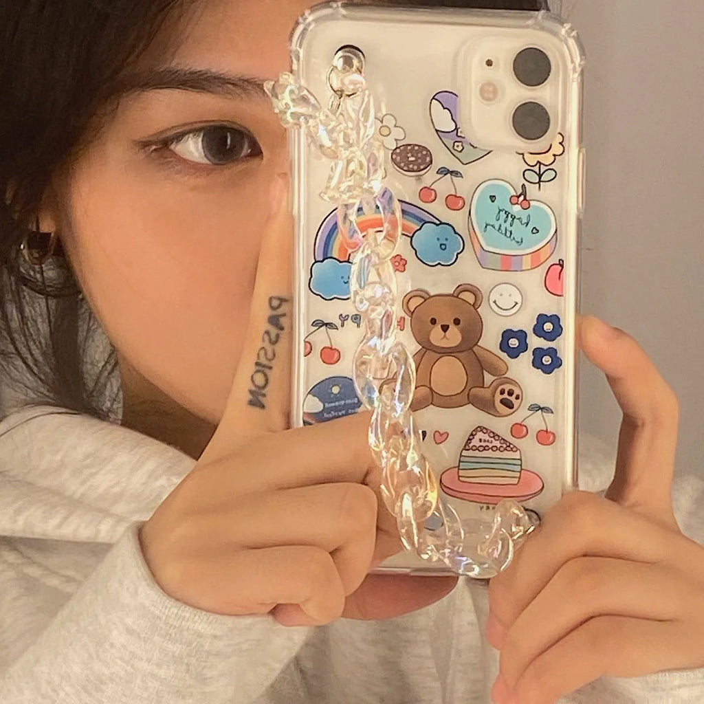 Bear chain iPhone case with pendant attachment point and Japanese Korean cartoon design on TPU material