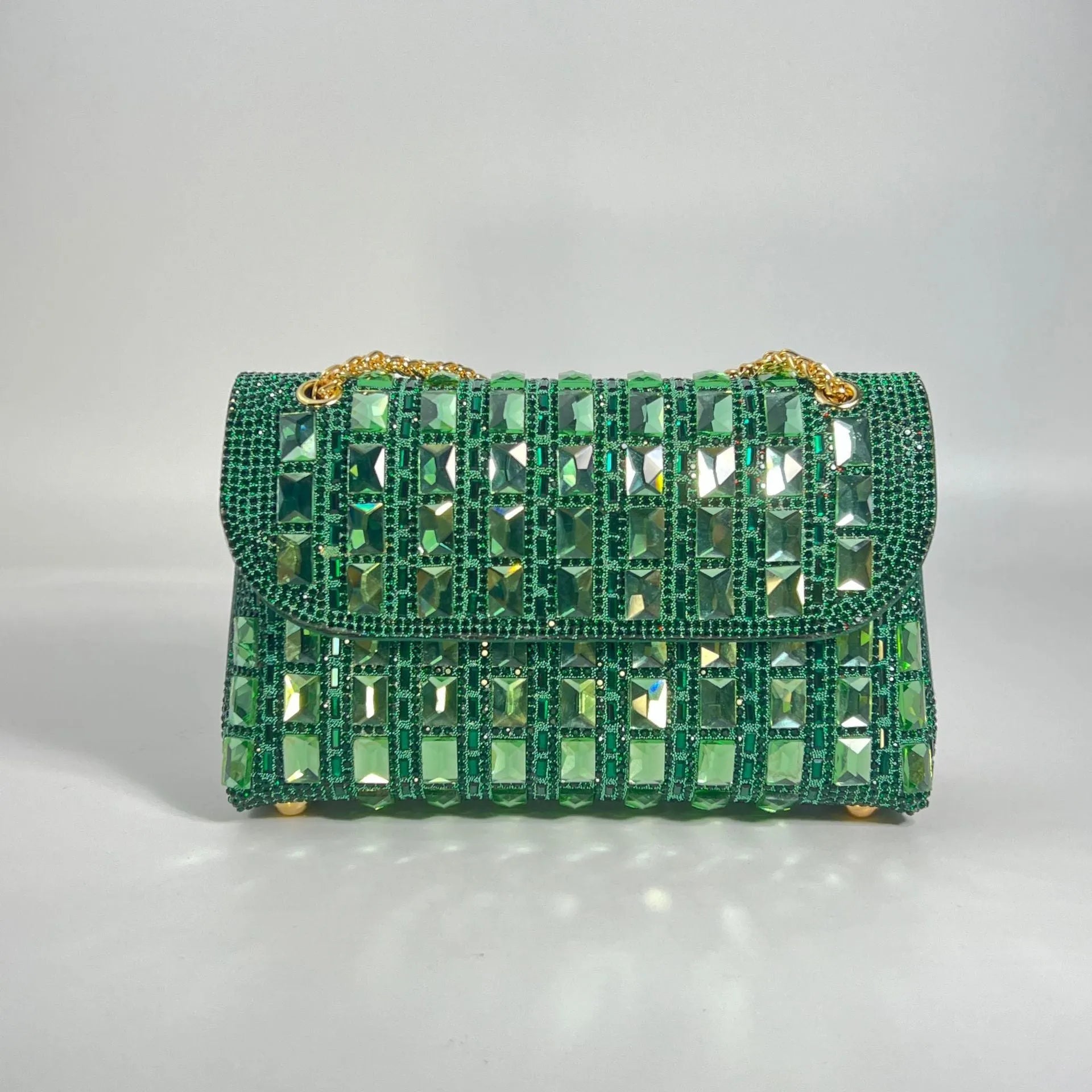 Glass rhinestone chain clutch handbag in horizontal square shape with retro styling and chain strap