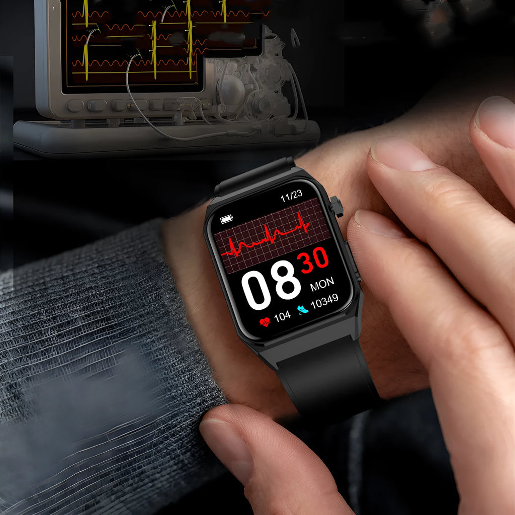 Non-invasive smart watch with IPS screen, touch button, available in black, blue, red and leather colours