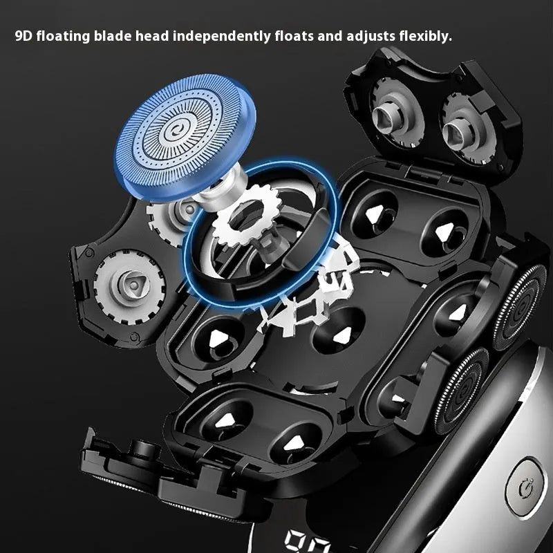 Black rechargeable 6-in-1 hair clippers shaver kit with multiple grooming attachments on display