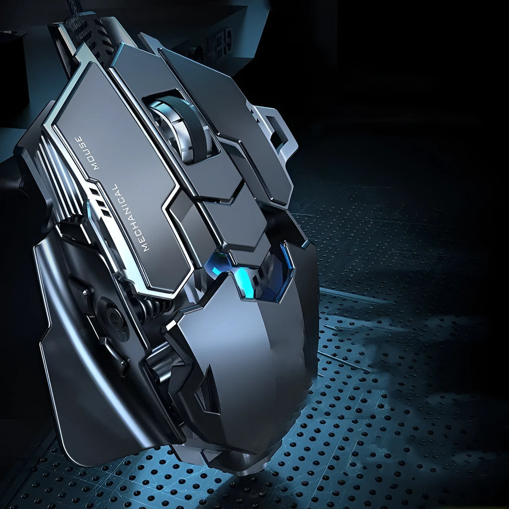 Forerunner MK500 wired gaming mouse in metallic black with metal-weighted 144g body and 7 programmable keys