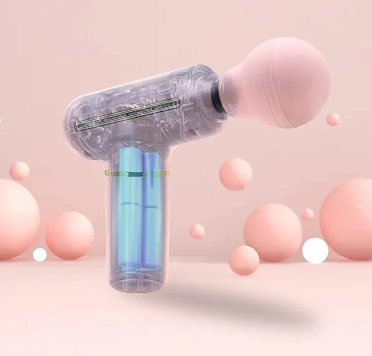 Mini massage gun in green or pink with brushless motor, USB power, 20 x 16.5 x 5.6 cm size, and 327 g weight
