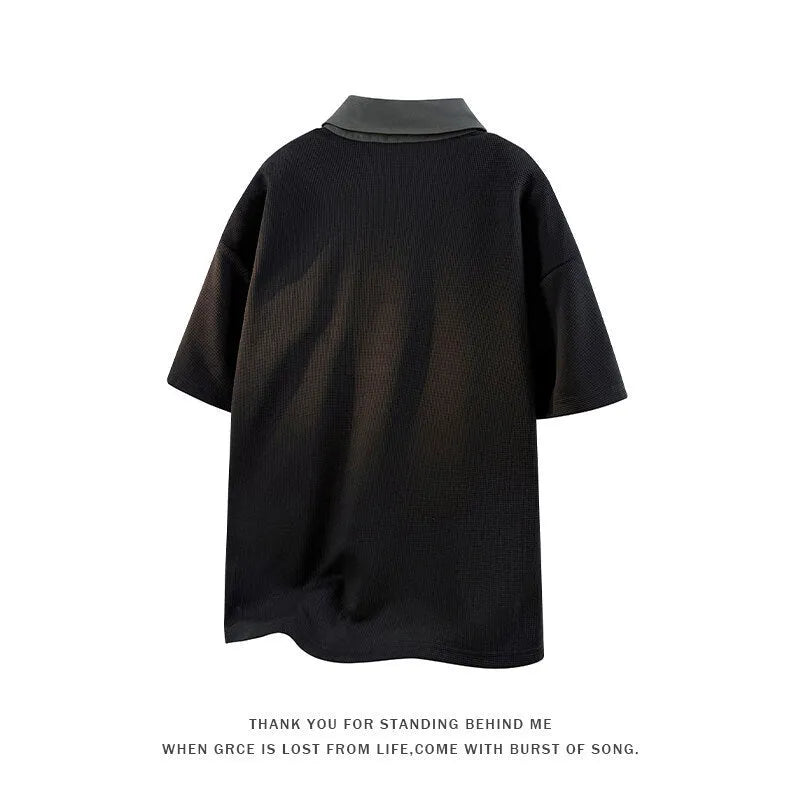 Men's black heavy Henry collar polo shirt sweater made from thin spandex fabric with short sleeves.