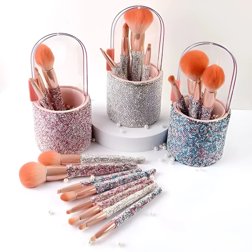 Light luxury diamond-embedded makeup brush set with 8 brushes and storage bucket in white and pink
