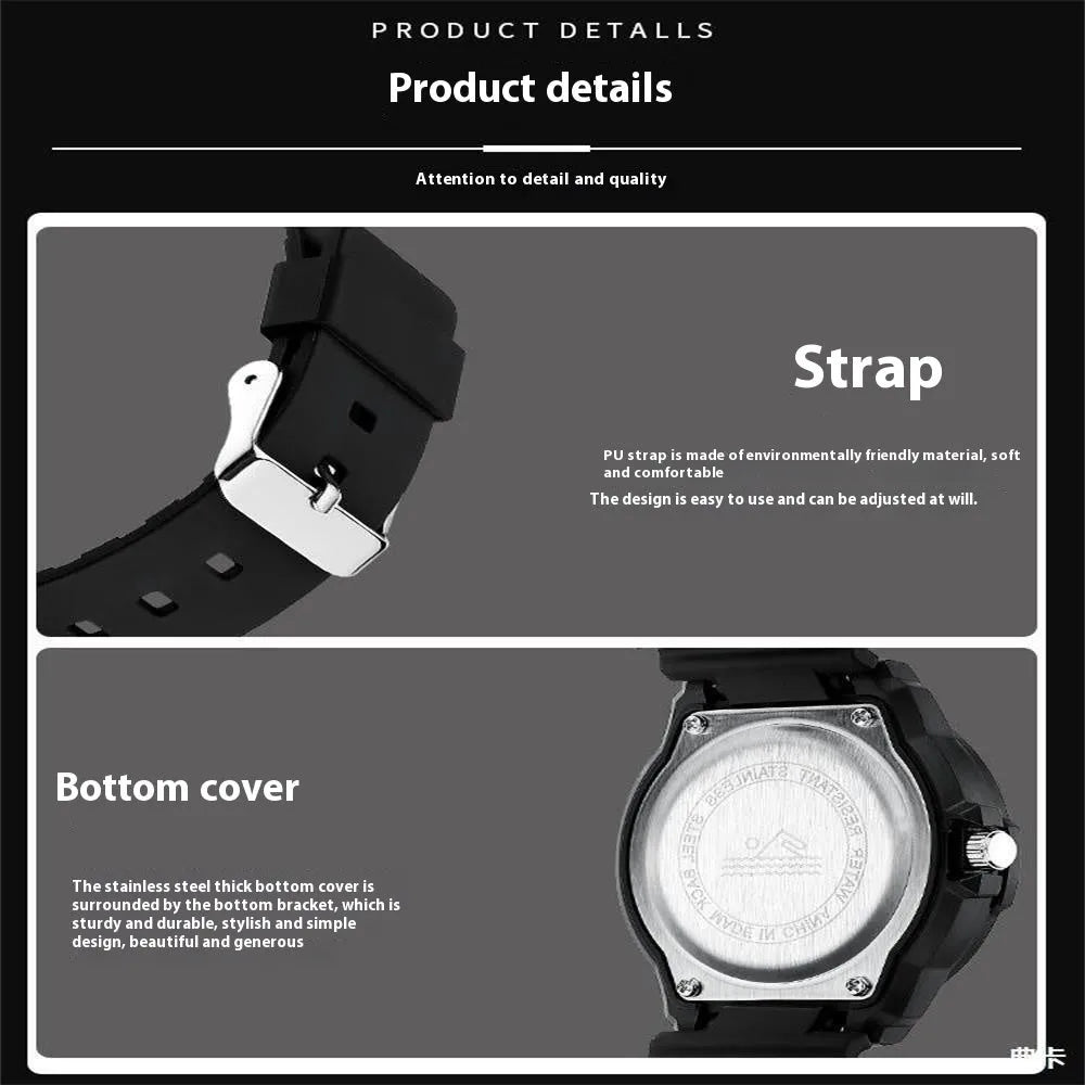 Men's sports luminous pointer quartz watch, casual style, black and blue colour option