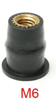 Ten black rubber brass expansion nuts for motorcycle windshield mounting in M4, M5, and M6 sizes.