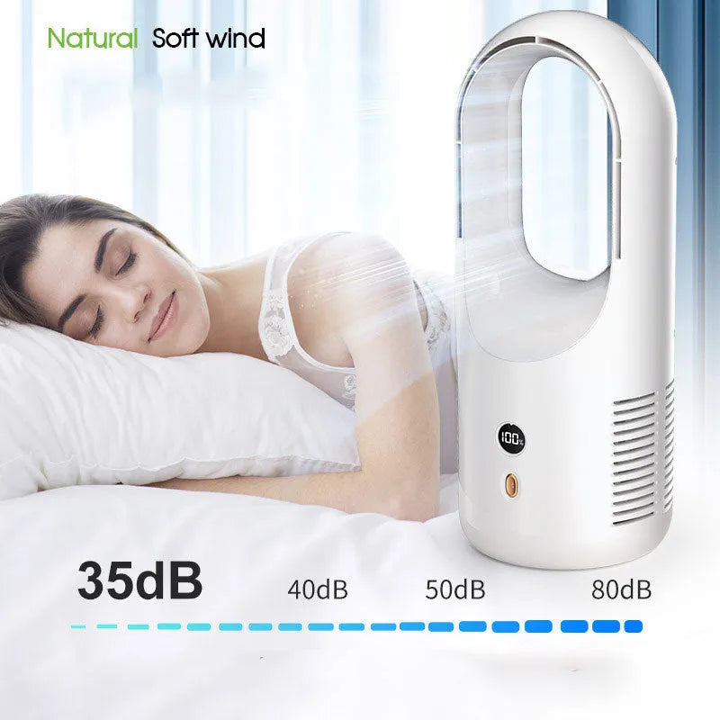 Desktop bladeless USB fan with LED display and rechargeable battery for portable cooling