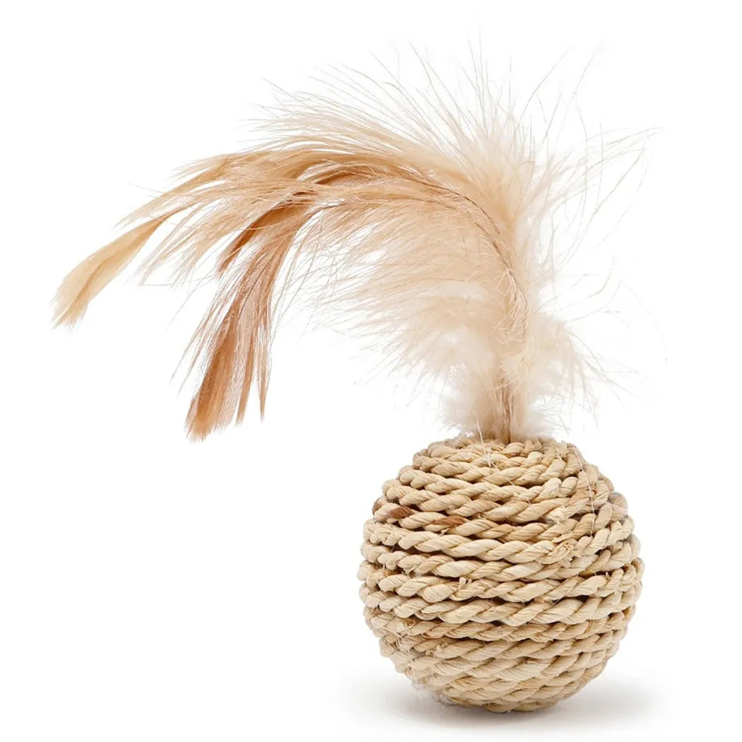 Primary colour cat toy set showing hollow rattan ball and faux feather bell ball on wooden floor