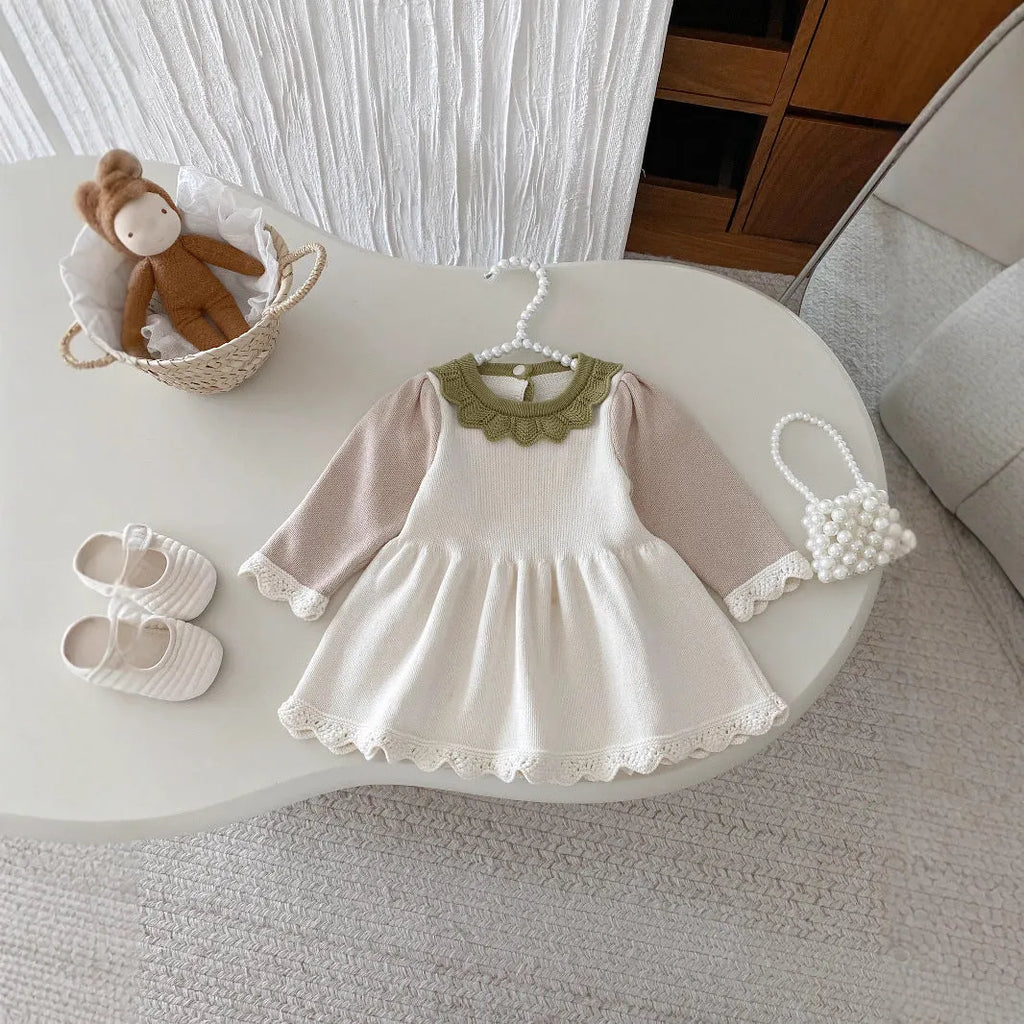 Cotton knitted dress skirt for girls in light beige solid colour with princess design