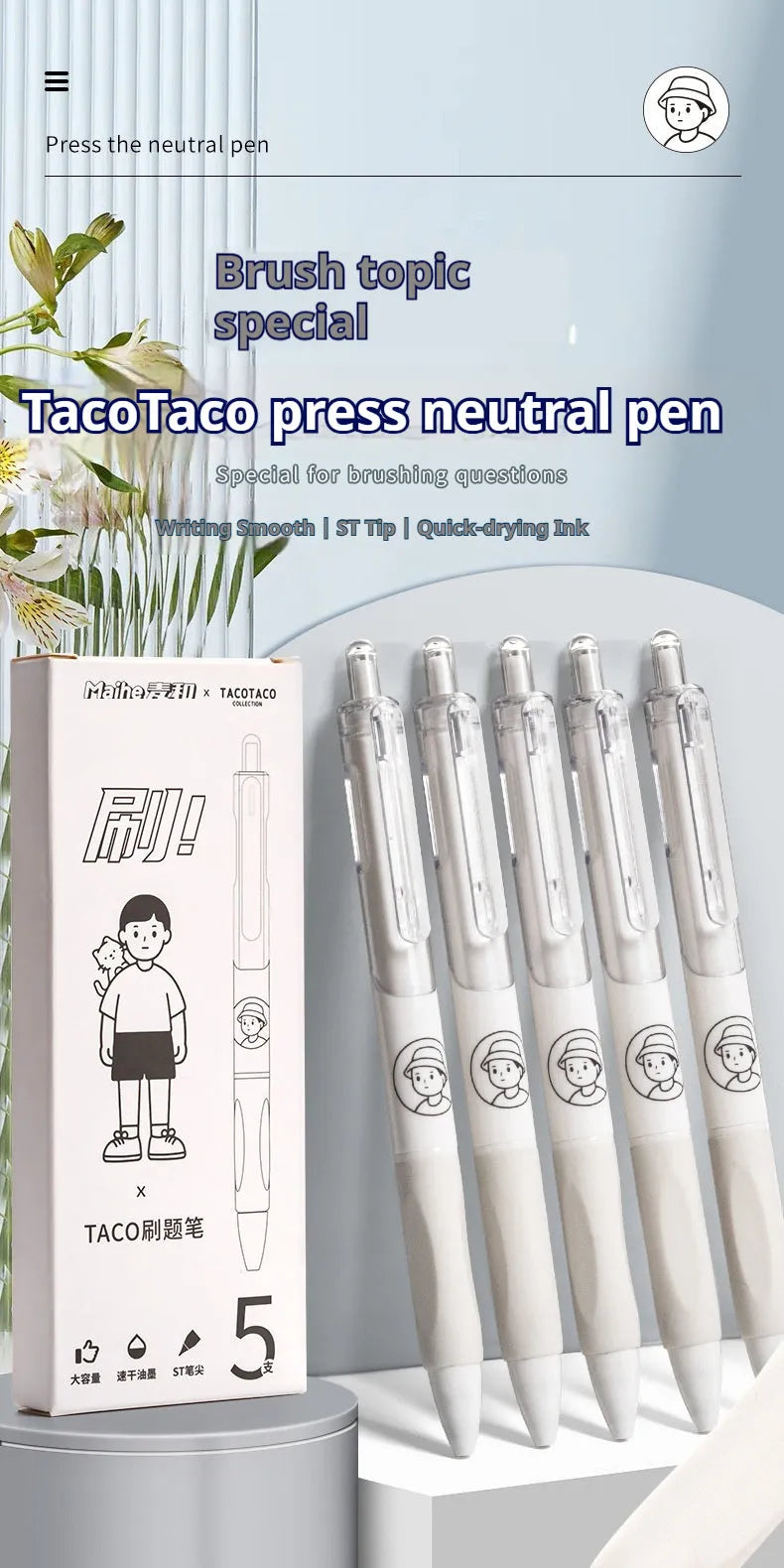 Set of five black and white ballpoint pens with 0.5mm fine tips laid side by side.
