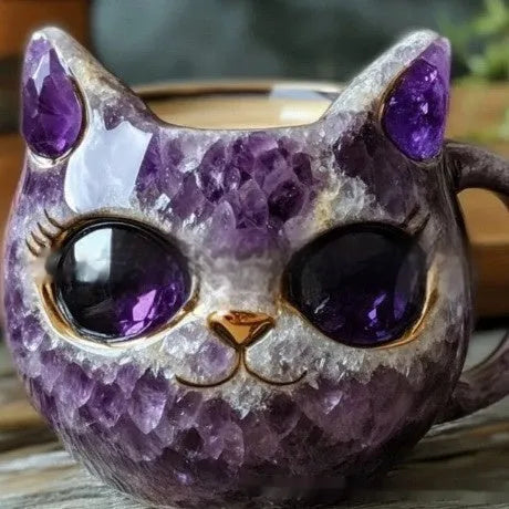 Handmade purple geode mug and crystal cat cup resin craft ornament on a table.