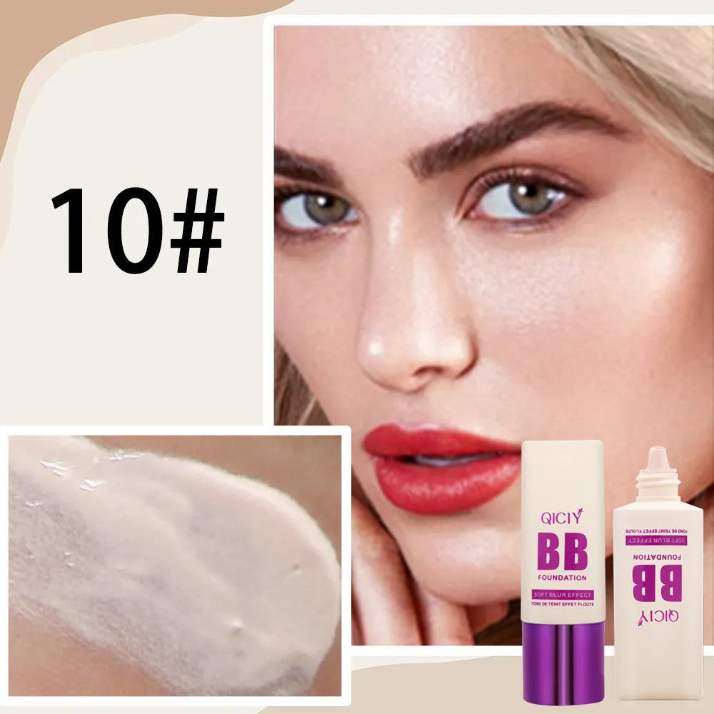 BB cream foundation in feeding bottle tube with ten colour shade options for brightening coverage