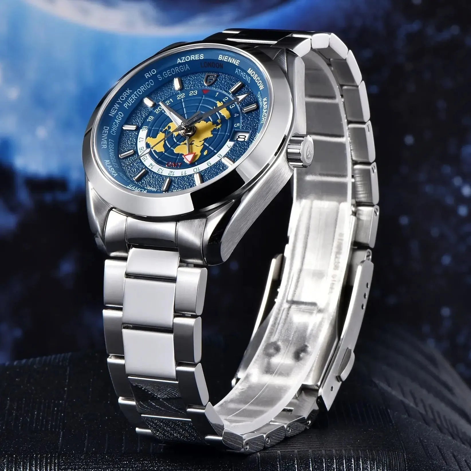 Men's mechanical GMT dual time zone watch with 40mm dial, sapphire crystal glass, and stainless steel buckle, blue dial
