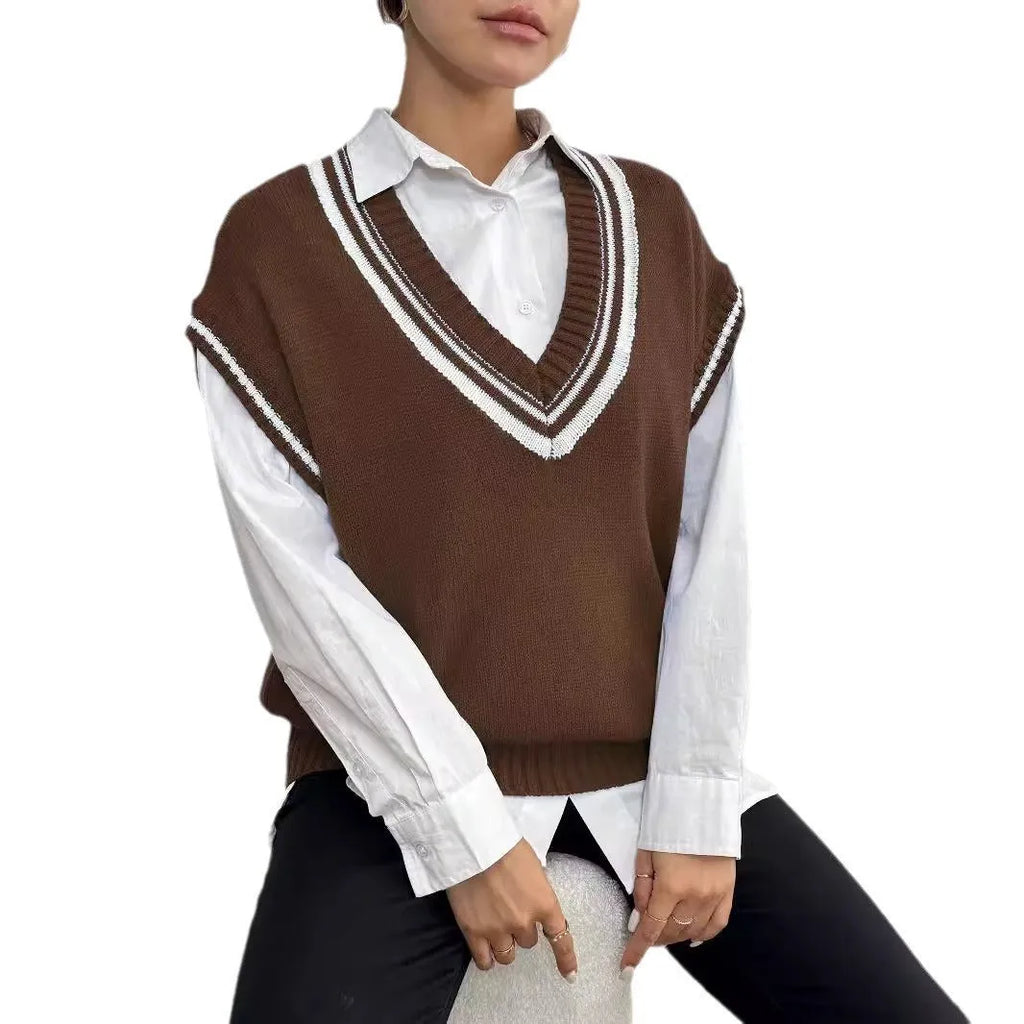 Women's loose casual vest sweater in college style with European colour matching