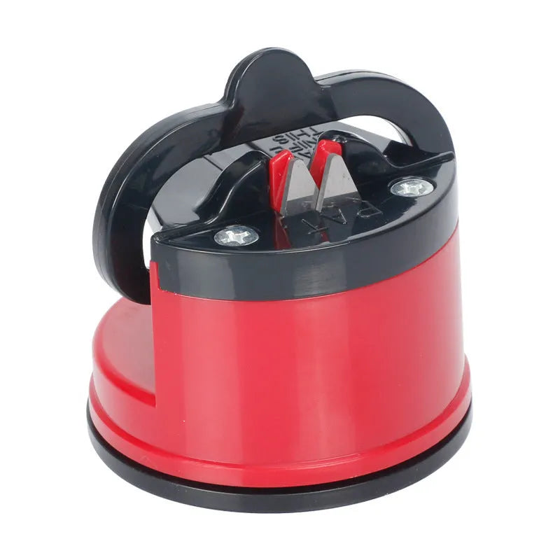 Small suction cup knife sharpener with ABS blade, 65 x 65mm, in red, yellow, green, blue, orange, black, white, or gold.