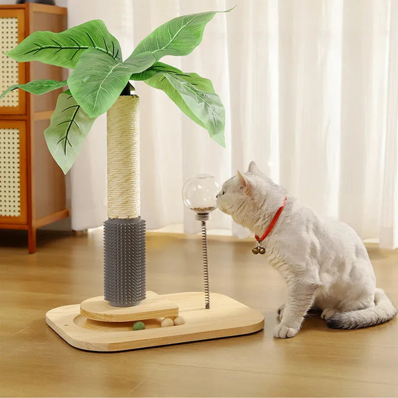 Vertical wooden cat scratching post with sisal rope column and a treat ball in the chamfered top