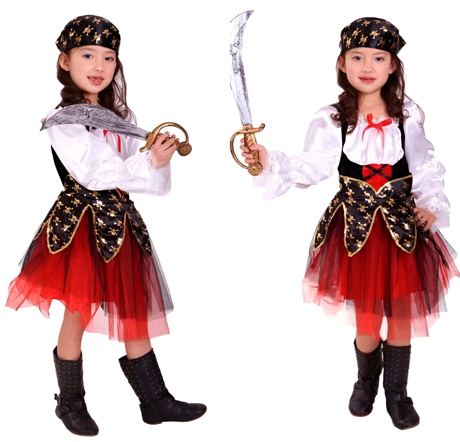 Children's pirate costume for girls with plaid pattern and spandex fabric in three sizes