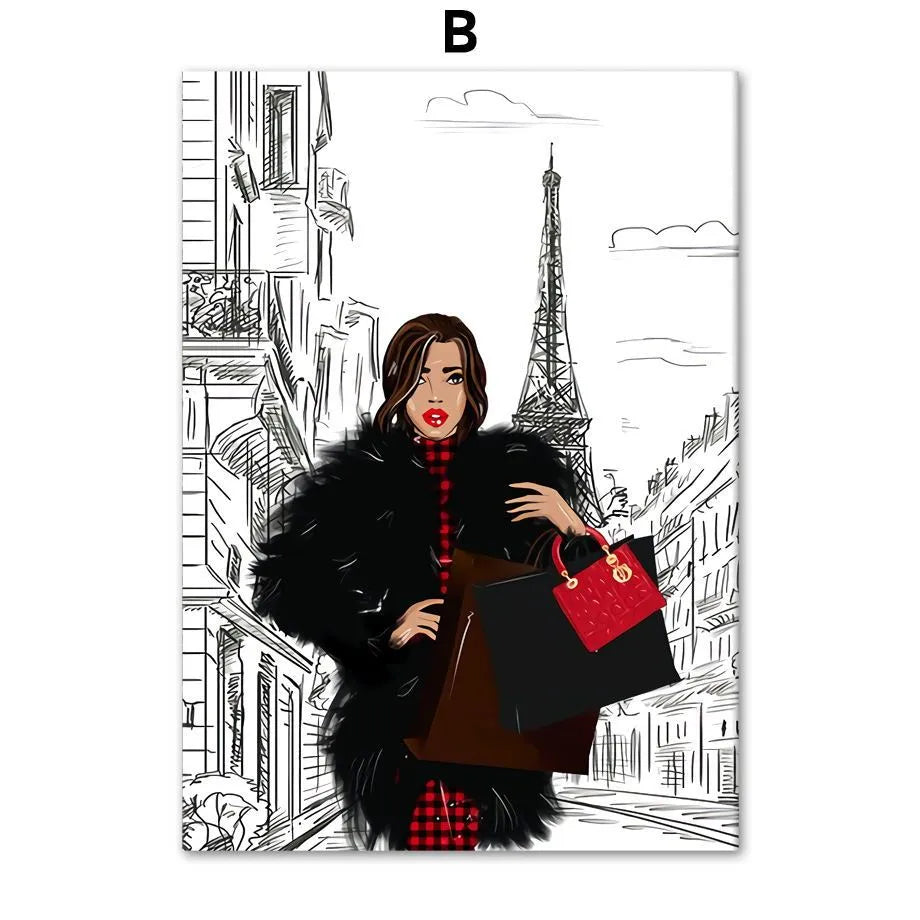 Fashion bag girl with balloons and champagne cartoon anime canvas print wall art