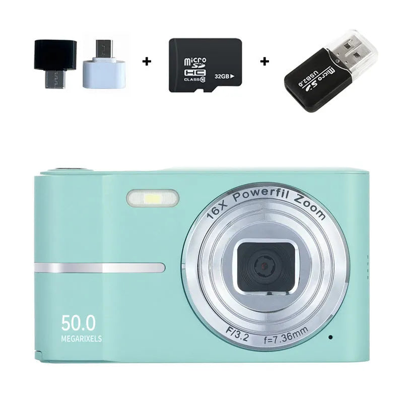 Compact HD 4K digital camera in black, green, pink, or white with full HD screen.