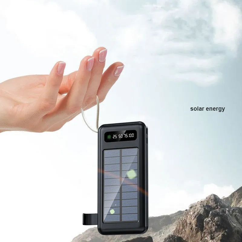 Solar Super Capacity Power Bank in black or white, showing front with solar panel and USB port, dimensions 144mm x 68mm.