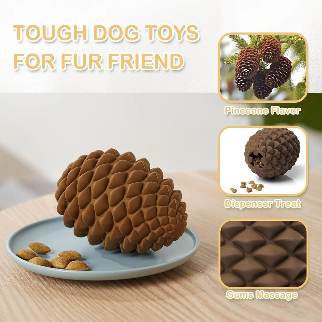 Yellow pine cone shaped natural rubber dog chew toy with treat dispenser hole