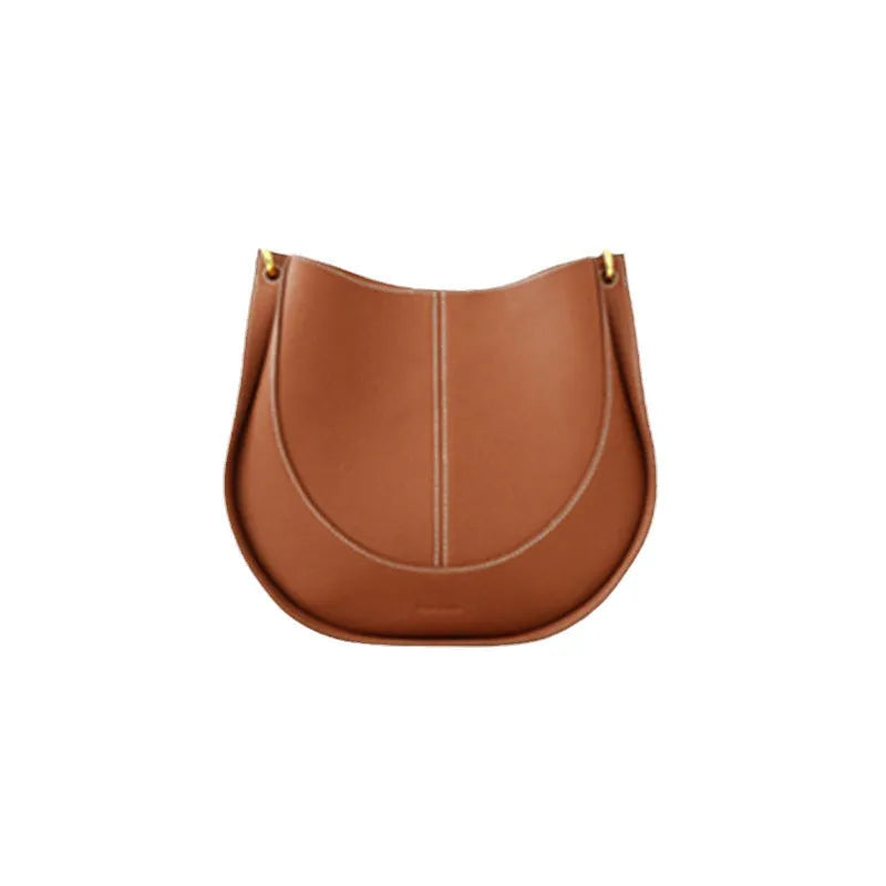 Small round genuine top grain leather crossbody bag for women with splicing design and open outer pocket