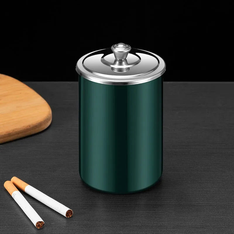 Stainless steel fly ash ashtray with cover measuring 7.5cm by 9.5cm